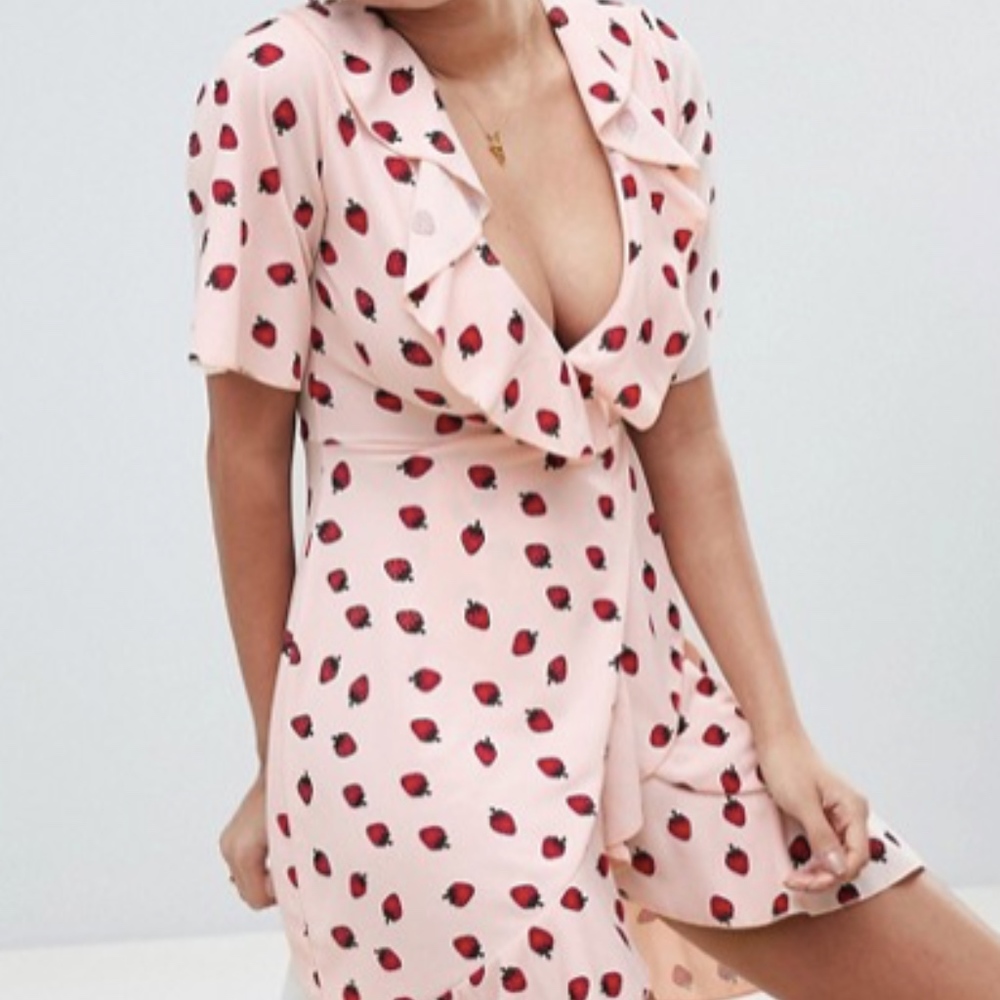 frill wrap over tea dress in strawberry print